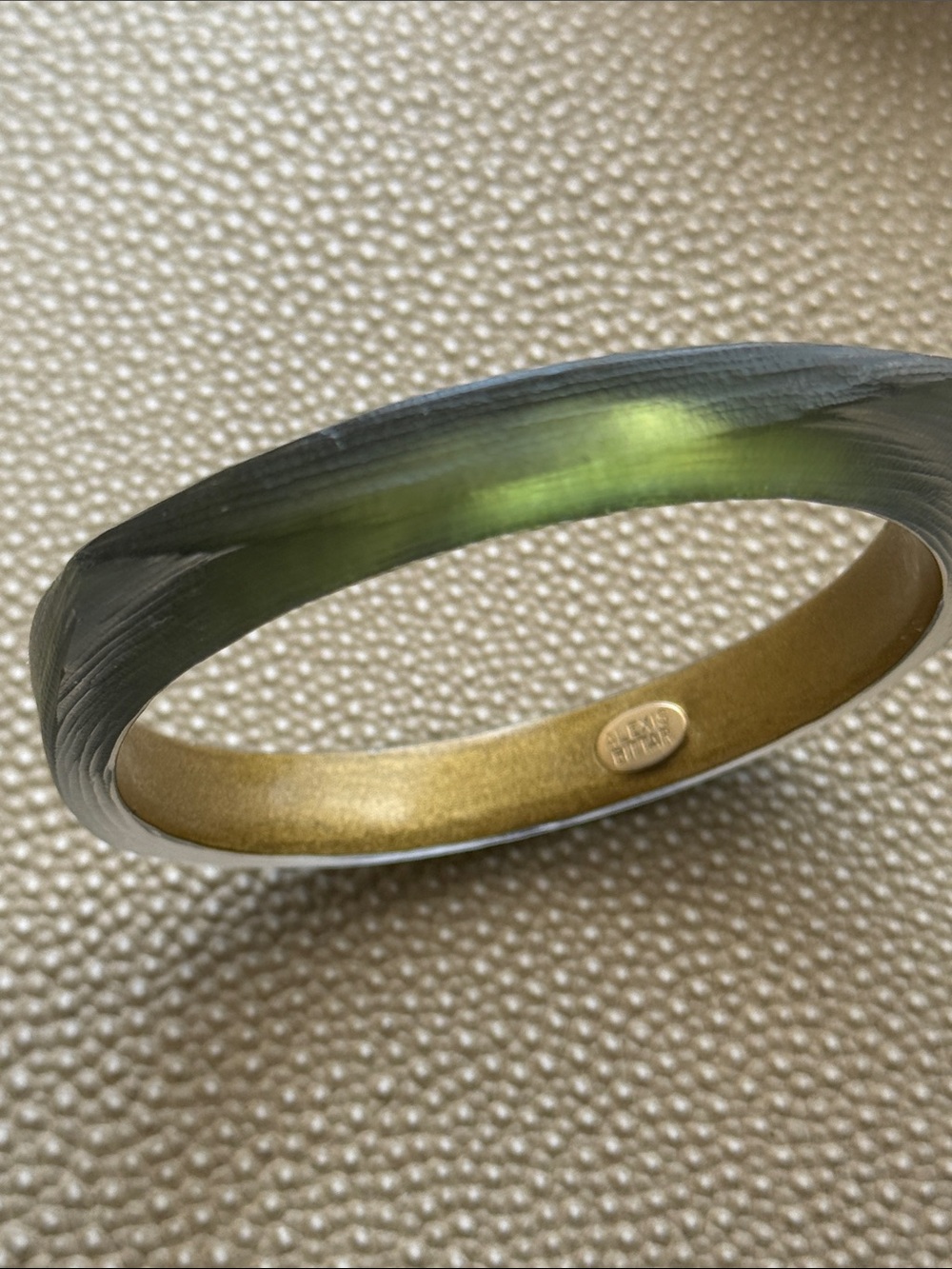 Alexis Bittar Lucite Resin Bangle Bracelet Green Frosted Gold Sparkle Interior